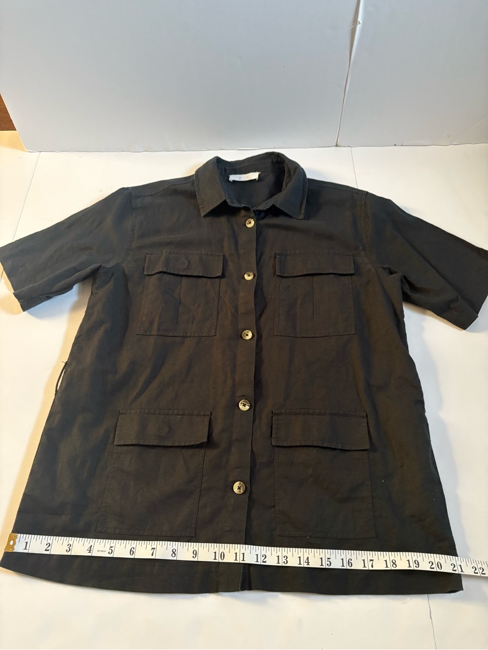 OAK + FORT Black Short-Sleeve linen/cotton, Utility Shirt with Waist Tie Sz M. - Picture 6 of 8
